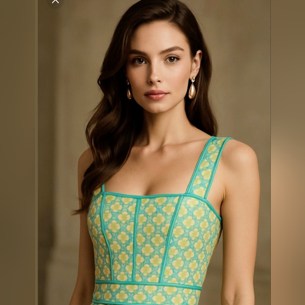 Maria De La Orden!! Women's Crop top Op Art Geo BlueGreen, yellow. Linen Sz S